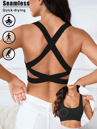 1pc Seamless Criss-Cross Back Sports Bra, Comfortable Removable Padded Everyday Bra For Women