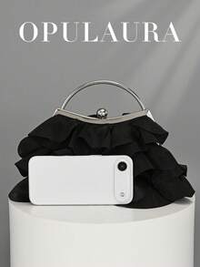 OpulAura 女士优雅迷人花瓣宴会手拿包，荷叶边设计正式晚宴包，适合婚礼/度假/正式派对/晚会，配有链条肩带，花瓣形状随机 - 黑色 - 查看 3