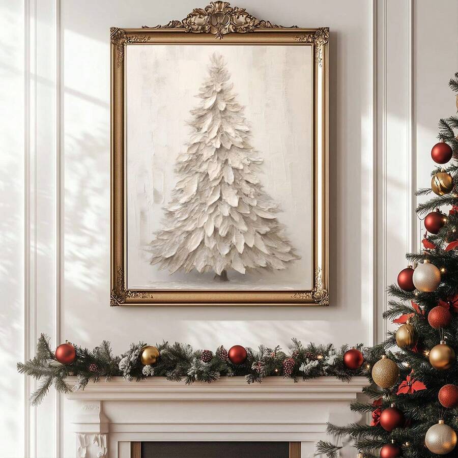 1pc, Canvas Wall Art, Framed Wall Decor, Christmas Art, Vintage White Painting Christmas Tree Mural, Christmas Wall Decor, Holiday Decor, Retro Art, Christmas Tree Ornament, Suitable For Home Decor, Living Room And Bedroom, Holiday Party Decorations, Happy New Year, Ideal Christmas And New Year Gift, Ready To Hang.