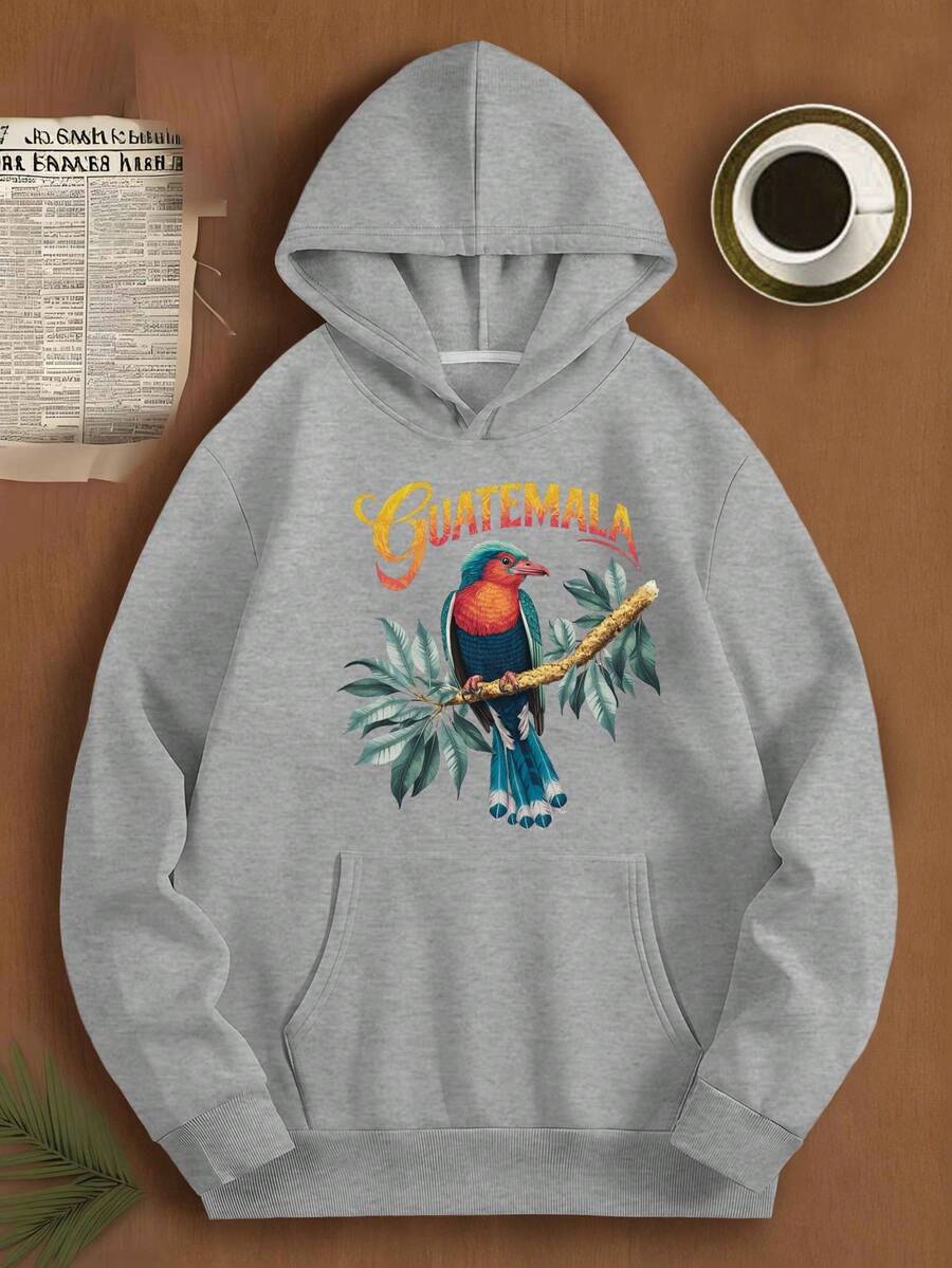 Chaqueta de manga larga para mujer talla plus con estampado de Quetzal, tejido de poliéster 100% casual, no elástico 250g/m², sudadera con capucha y detalle de bolsillo para otoño/invierno - gris - Ver 1