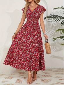 Women's A-Line Summer Dress, Ruffled Sleeves, V-Neck, Floral Print, Elastic Waist - 紅色 - 查看 5