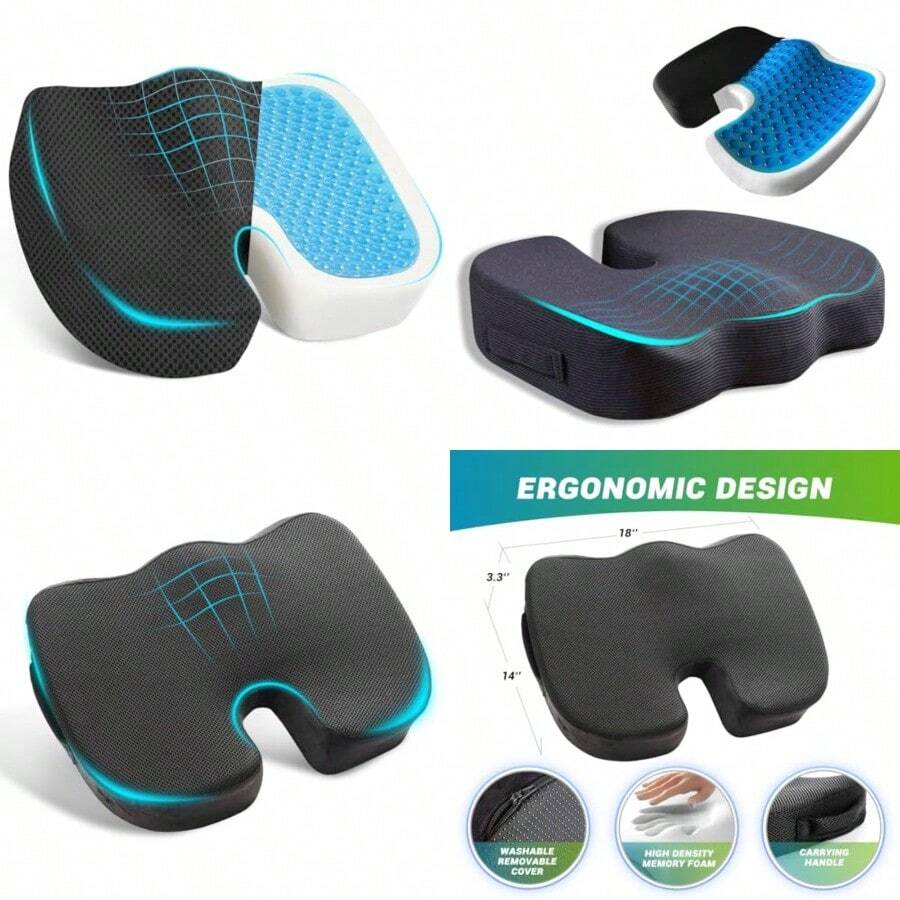 Cooling Gel Enhanced Memory Foam Orthopedic Support Cushion For Long Sitting Back Sciatica Coccyx Tailbone Pain Relief Pillow For Office Gaming Car Wheelchair - 黑色 - 查看 1