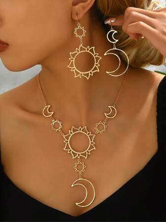 1 Set Vintage/Zinc Alloy 3pcs Women Moon & Sun Necklace & Earrings Jewelry Set, Suitable For Daily, Gift, Party