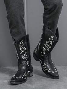 Botas vaqueras de media pantorrilla bordadas a mano para hombres, botas con relieve de nubes auspiciosas de estilo europeo y americano