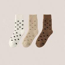 3 Pairs Winter Thickened Mid-Calf Socks For Women, Warm Polka Dot Merino Wool Blend Crew Socks - Multicolor - View 12