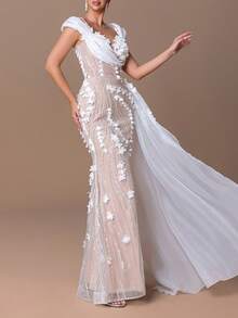 女士奢华不对称领口喇叭形礼服，搭配飘逸雪纺披肩和精致珠绣，修身晚礼服，搭配幻觉网眼紧身胸衣和美人鱼尾下摆，是婚礼派对、慈善舞会、庆典活动、周年庆典的优雅正式服装 - 白色 - 查看 7