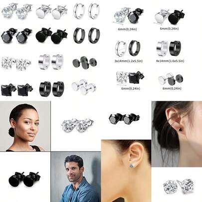 12 Pairs Earrings For Men Women Stainless SteelRound Earring Men Punk Punk Ear Studs Jewelry Black Kpop Stylish Goth Piercing Earrings Hypoallergenic