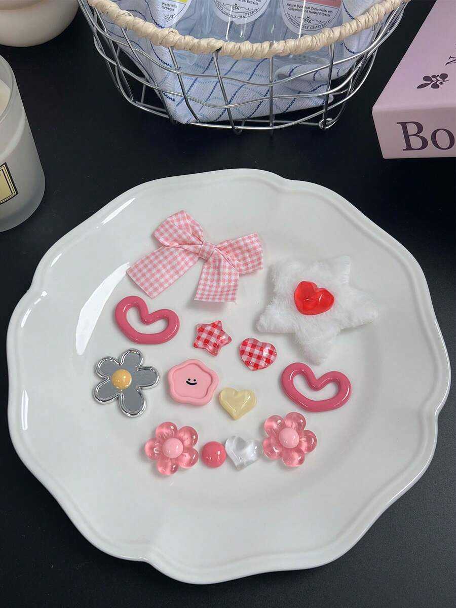 13pcs Cute Pink Girl Shoe Decoration Set - Includes Bow, Heart And Flower Decorations, Accessories - Pink Cute Set-13pcs - View 1
