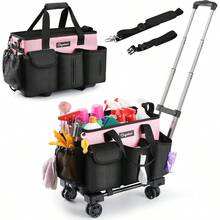 Rolling Cleaning Caddy Cleaning Plies Organizer With Trolley Wearable Cleaning Tote Bag On Wheels With Hard Bottom Cleaning Carts For Housekeepers/Home/Car/Office/Picnic Pink - Pink - View 1