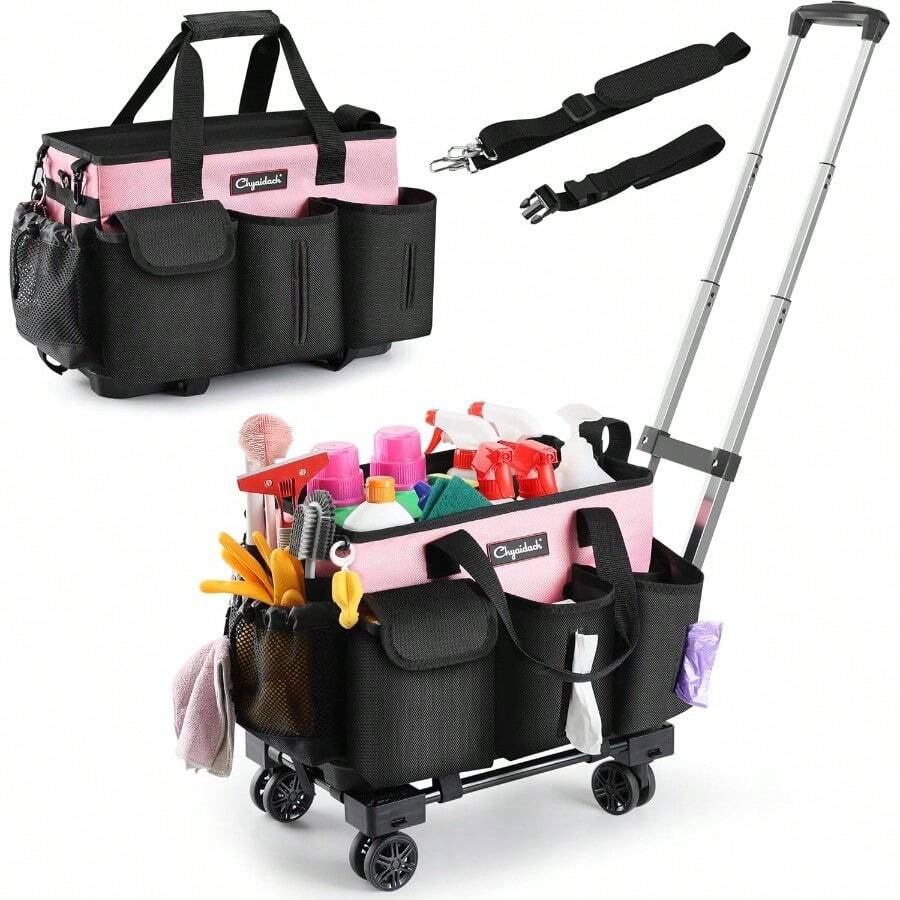 Rolling Cleaning Caddy Cleaning Plies Organizer With Trolley Wearable Cleaning Tote Bag On Wheels With Hard Bottom Cleaning Carts For Housekeepers/Home/Car/Office/Picnic Pink - Pink - View 1