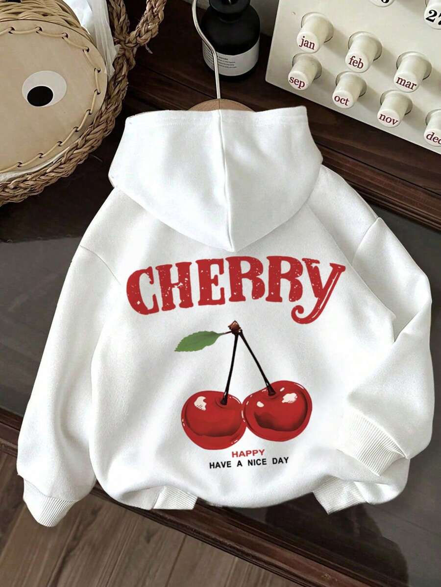 Moletom com capuz e manga comprida com estampa de letras de cereja CHERRY para outono e inverno, um top casual e solto multifuncional estilo festivo, adequado para uso diário em roupas femininas da moda de outono