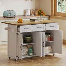 Isla de cocina con encimera abatible, 5 ruedas bloqueables, 4 puertas, 3 cajones, toallero de doble cara, diseño estilo granero, blanco, 140x43(70)x90,5 cm