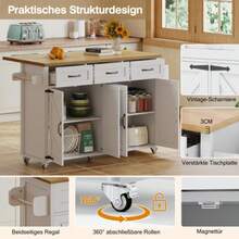 Isla de cocina con encimera abatible, 5 ruedas bloqueables, 4 puertas, 3 cajones, toallero de doble cara, diseño estilo granero, blanco, 140x43(70)x90,5 cm