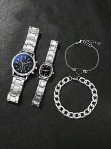 4 件时尚休闲圆形中性情侣手表配钢带石英表 + 简约手链组合套装，情侣礼品套装 - 銀色 - 查看 5
