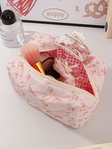1Pc/Set Sweet Pink Striped Bowknot Pattern Wash And Cosmetic Bag Set,Portable Large Capacity Travel Organizer Toiletry Bag Makeup Bag Skincare Bag - Multicolor - View 9