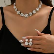 Conjunto de Joias Luxuoso e Cintilante para Casamento, Festa, Banquete Feminino - Colar e Brincos de Cristal Redondo