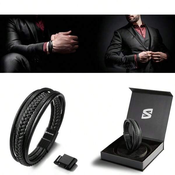 Premium Leather Bracelet [Braid] For Men In Black And Brown Various Lengths Magnetic Stainless Steel Clasp Exclusive Jewellery Box Great Gift Idea For Men