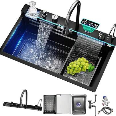 Küchenspüle, Unterbau-Spülbecken aus Edelstahl im Wasserfall-Stil, auf der Arbeitsplatte montierte Einzelwanne, Edelstahl-Bartheke mit LED-Digitalanzeige, ausziehbarer Wasserhahn, Gläserspüler und Seifenspender. (75 cm * 45 cm)