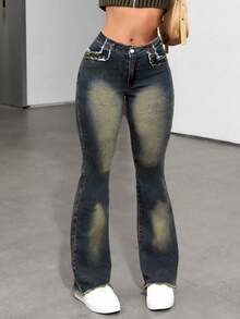 Casual Sexy Women's Denim Flare Leg Jeans Long Button Zipper Raw Hem Medium Stretch For A Stylish Look - Dark Wash - View 5