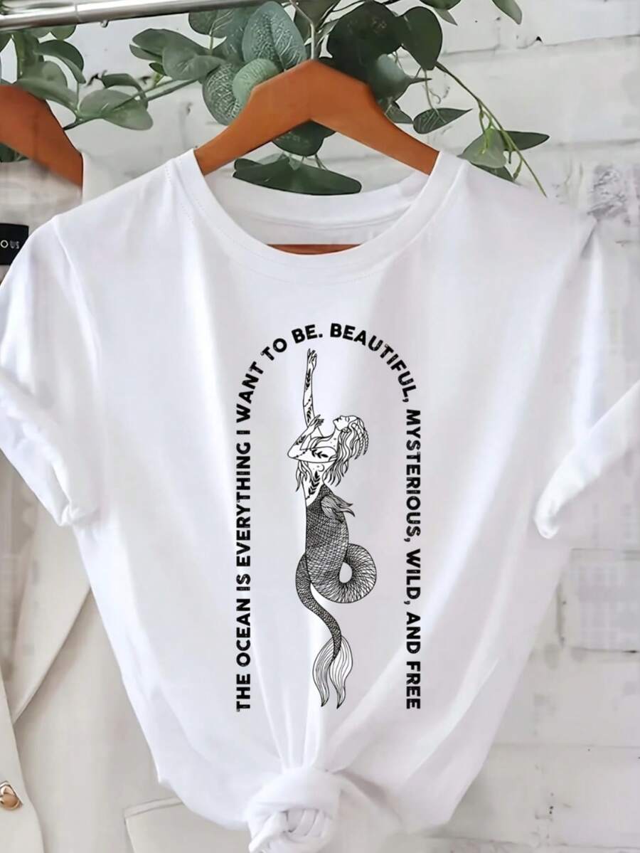 Women's Mermaid Graphic Print Sports T-Shirt Short Sleeve Crew Neck Casual Top With Inspirational Quote, White & Black Contrast Design, Machine Washable Summer & Spring Beachwear - 白色 - 查看 1
