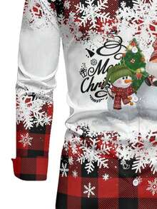 Męska koszula z długim rękawem w stylu bożonarodzeniowym, w czerwono-czarną kratę, z nadrukiem w płatki śniegu, bałwana i krasnala, swobodna koszula z kołnierzykiem typu "knock down" zapinana na guziki, styl na imprezę świąteczną, jesień/wiosna - Wielokolorowe - Zobacz 4