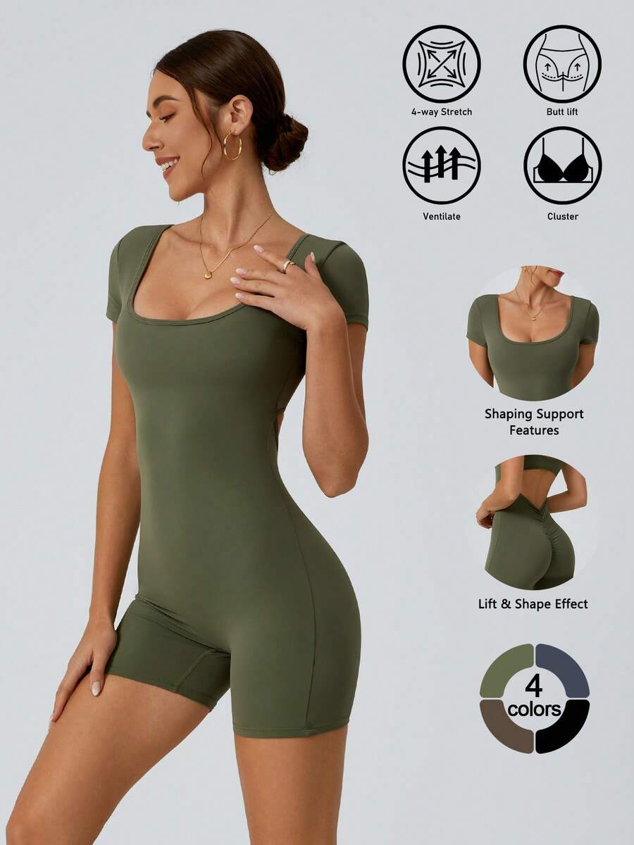 Traje de Yoga de Una Pieza para Mujer AltaElasticidad y Comodidad Color Sólido Sin Espalda BodyconManga Corta Pantalones Cortos de Gimnasio Control delVientre - Verde militar - Ver 1