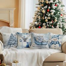 4 Stücke Weihnachts-Kissenbezug-Set mit Schneeflocken, Weihnachtsmann & Hirsch Motiven, geeignet für Wohnzimmer, Sofa, Schlafzimmer, ohne Kissenfüllung
