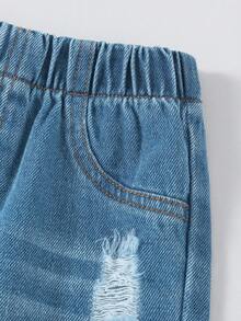 1件装 女童做旧时尚街头风牛仔裤，春夏新品 - 淺色水洗藍 - 查看 3