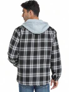 Men's Long Sleeve Plaid Button Quilted Lined Flannel Shirt Jacket With Hoodhalloween - A02 Black Grid - View 2