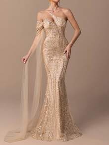 女士优雅露肩超长不对称袖闪亮串珠拖地长裙 - 美人鱼裙，后背系带设计和合身廓形，适合庆典、婚礼和正式活动 - 香檳色 - 查看 5