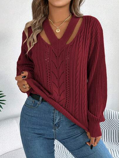 Casual Sexy V-Neck Hollow Out Cable Knit Lantern Sleeve Long Sleeve Pullover Sweater, Autumn/Winter