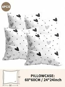 1pc/2pcs/4pcs Black And White Heart Pattern Pillow Cover Set (Pillow Inner Not Included), Soft & Comfortable, Suitable For All Seasons