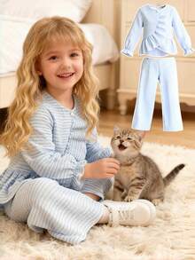 Little Girls 2Pcs Striped Outfit Set,Ruffle Trim Long Sleeve Open Front Blouse & Elastic Waist Long Pants,Spring Casual Young Girl Clothing - Blue - View 10