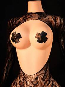 Women's Sexy High Collar Leopard Print Lace Jumpsuit, Front Open Long Sleeve Sheer Mesh Lingerie