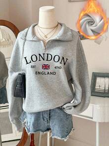 Women's Autumn/Winter New Simple London Flag & Letter Print Grey Casual Half-Turtleneck Zipper Sweatshirt, Fashion & Versatile - Grey - View 12