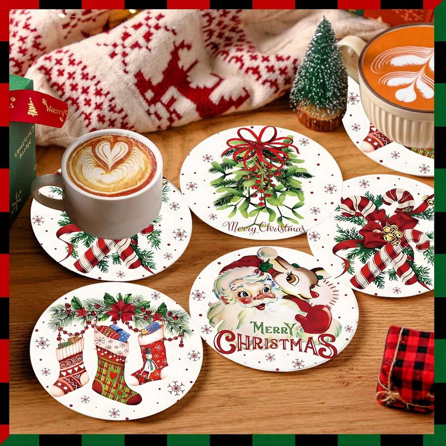 4 Stücke/8 Stücke Weihnachts-Themen Untersetzer, Weihnachtsmuster saugfähige Getränkeuntersetzer für Kaffee, Küche, Tisch, Raum, Bar Dekoration, Weihnachtsgeschenk - Verschiedenfarbig - Übersicht 1