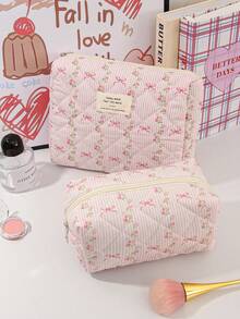 1Pc/Set Sweet Pink Striped Bowknot Pattern Wash And Cosmetic Bag Set,Portable Large Capacity Travel Organizer Toiletry Bag Makeup Bag Skincare Bag - Multicolor - View 7