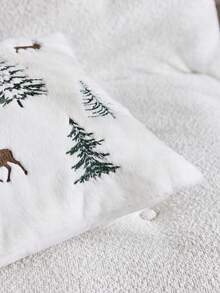 1 pieza Funda de almohada decorativa bordada con reno y árbol de Navidad, adecuada para decoración interior, funda de almohada navideña, sin incluir el relleno de la almohada