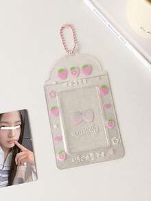 1 件透明四叶草和草莓 3 英寸卡夹，闪光水果卡通偶像卡夹，学生证/公交卡钱包，儿童