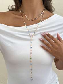 2 piezas Collar largo en forma de Y con cadena de metal ovalada y ajustable de color aleatorio, adecuado para viajes, citas, fiestas