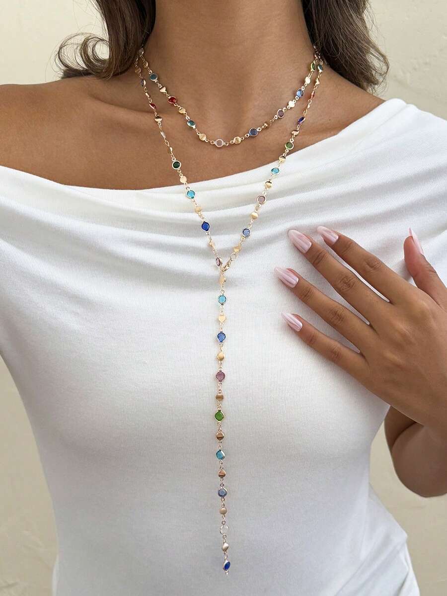 2 piezas Collar largo en forma de Y con cadena de metal ovalada y ajustable de color aleatorio, adecuado para viajes, citas, fiestas