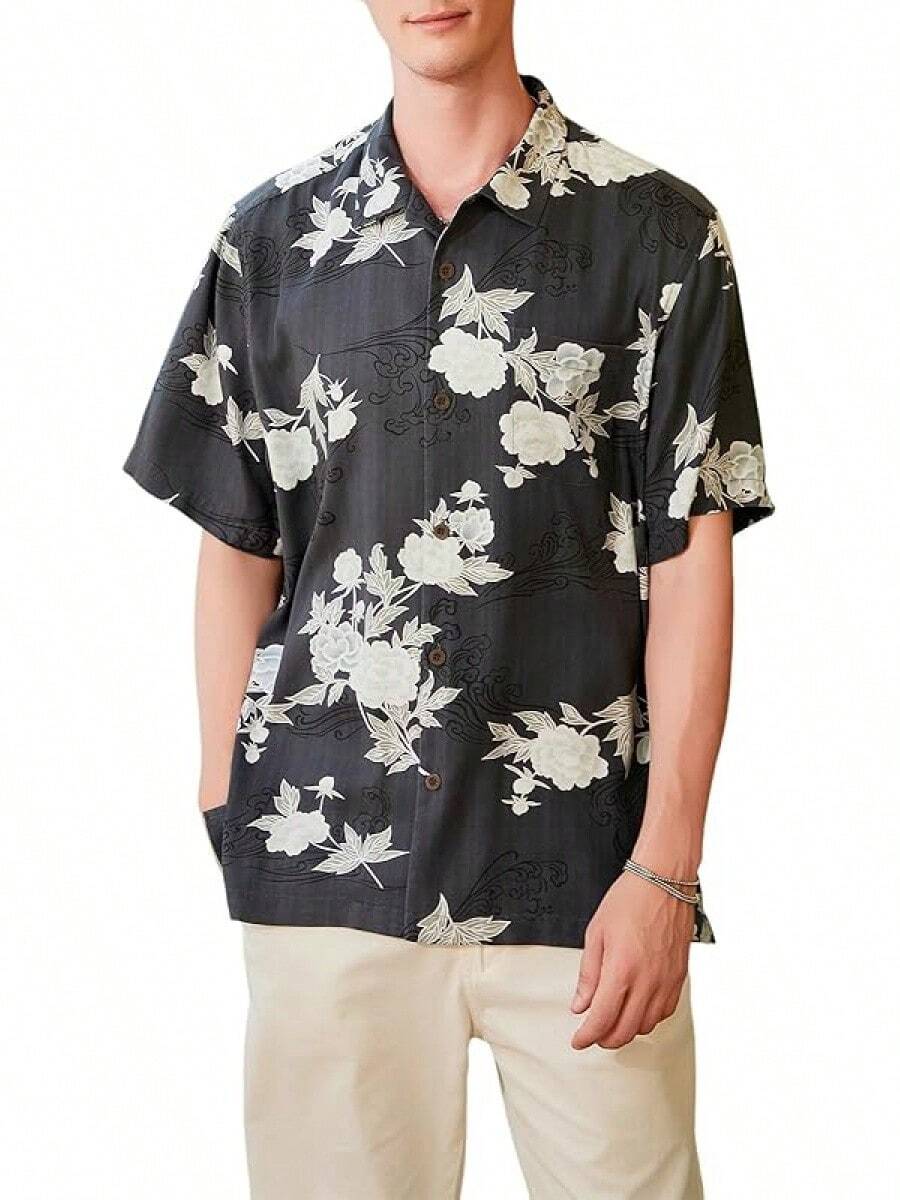 Men's Silk Hawaiian Floral Shirts Short Sleeve Button Down Casual Tropical Holiday Beach Shirtshalloween - Màu xám đen - Xem 1