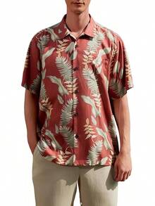 Men's Silk Hawaiian Floral Shirts Short Sleeve Button Down Casual Tropical Holiday Beach Shirtshalloween - Đỏ nhạt - Xem 1