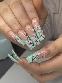 24pcs/Set Long Square Wearing Fake Nails With Peach Blossom And Tree Branch Decoration, French Art, Simple Style, Comes With 1 Nail File And 1 Jelly Glue Press On Nails Nail Supplies - 彩色 - 查看 2
