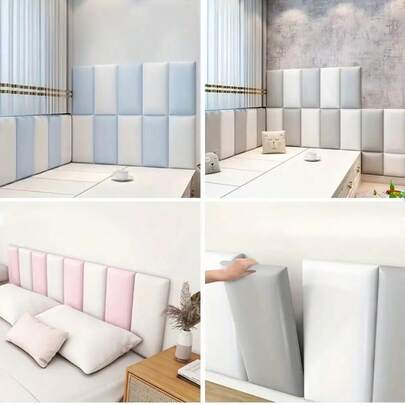 6 件北欧简约 3D 自粘墙板 - 床边和榻榻米的柔软保护边框，可水洗纯色（粉色、浅蓝色、青色、橙色、米色），随机搭配设计