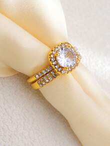 2 Peças Conjunto de Anéis de Moda Clássicos com Decoração de Strass de Liga de Zinco, Brilho Luxuoso Geral, Adequado como Anéis de Noivado ou Joias Chiques para Adicionar Charme Elegante e Refinado aos Usuários