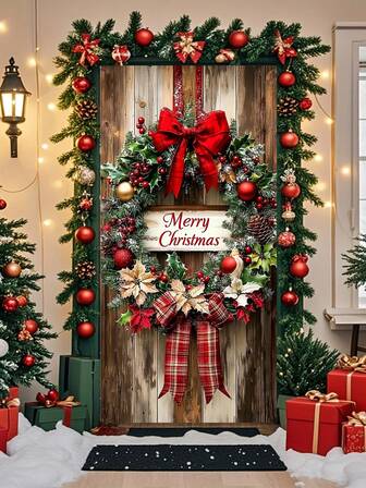 1 件式花环，圣诞快乐花环 - 35.4x70.8 英寸，涤纶材质，带红色蝴蝶结，用途广泛，适合室内/室外使用，无需电源，圣诞花环帘，装饰品，横幅，家居装饰。