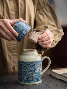 1 Set Ash Gray Cracked Ceramic Teapot With 1 Cup And 1 Lid, Retro Small Insulated Teapot, Ceramic Infuser Teapot, Office Water Cup, Suitable For Gifts Or Home Use - Multicolor - View 9