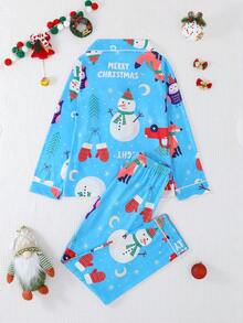 2件套男童及青少年休闲卡通企鹅雪人印花翻领长袖开衫和长裤睡衣套装，阻燃，四季皆宜 - 藍色 - 查看 2