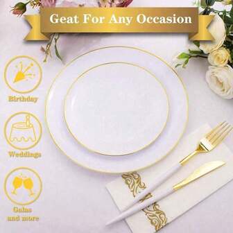 1 套 25 件铂金圆形陶瓷蛋糕和甜点盘，包括（7.5 英寸/10.25 英寸边盘）和优质水果沙拉碗，可重复使用且易于清洁。适用于婚礼、情人节、生日和节日聚会